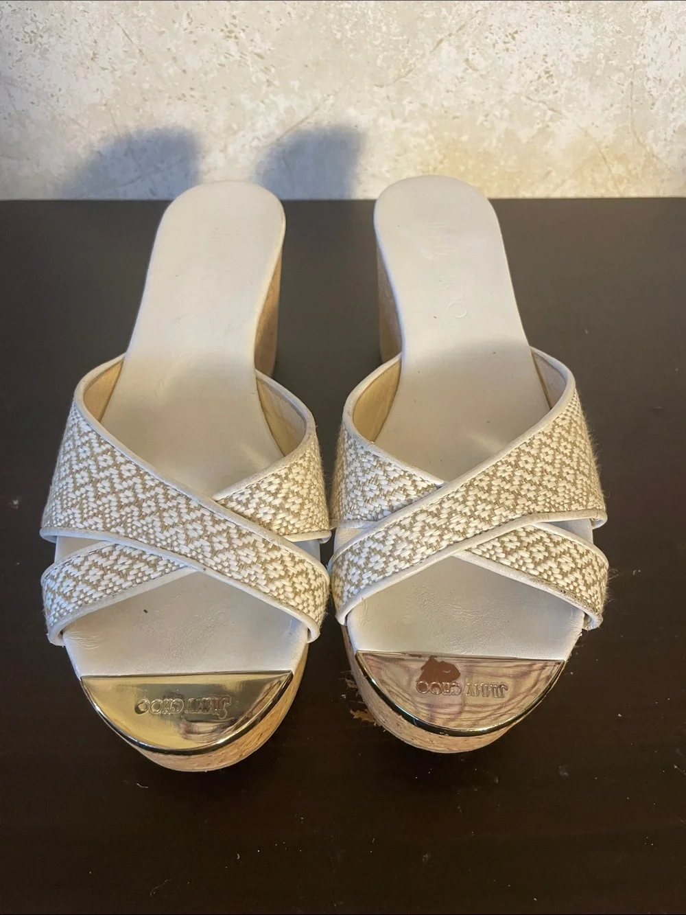 Jimmy Choo Cream Woven Cork Platform Wedge Sandals